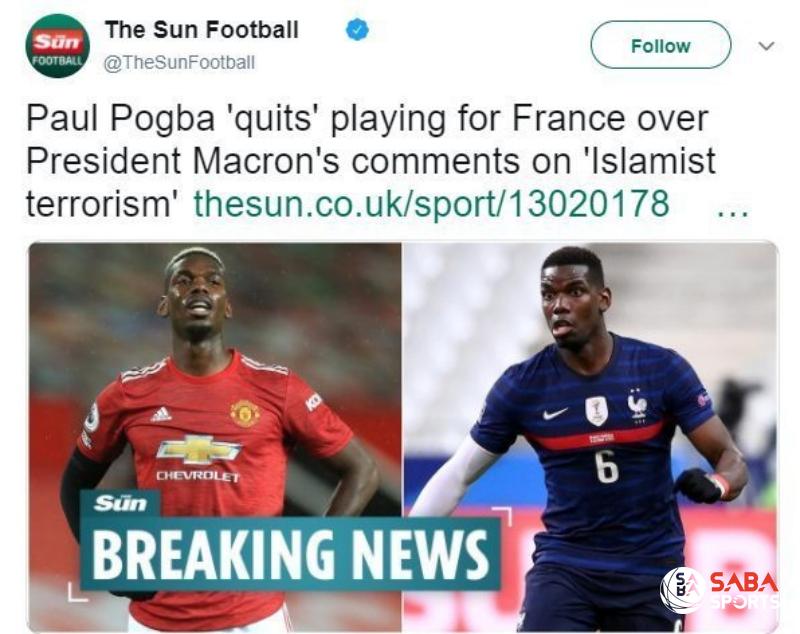 Tờ báo The Sun đăng tải thông tin Pogba sẽ nghỉ thi đấu Les Bleus