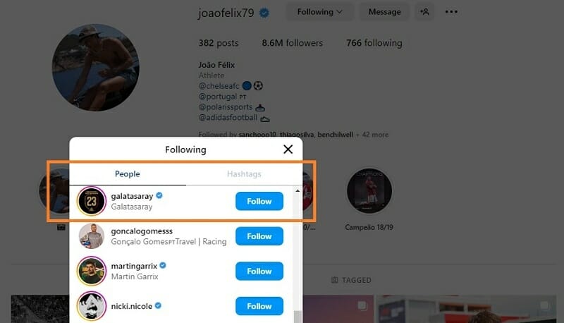 Tài khoản Instagram của Felix theo dõi CLB Thổ Nhĩ Kỳ