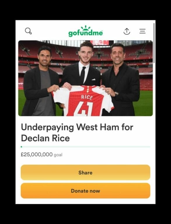 CĐV Arsenal kêu gọi quyên góp để trả thêm tiền cho thương vụ chiêu mộ Declan Rice.