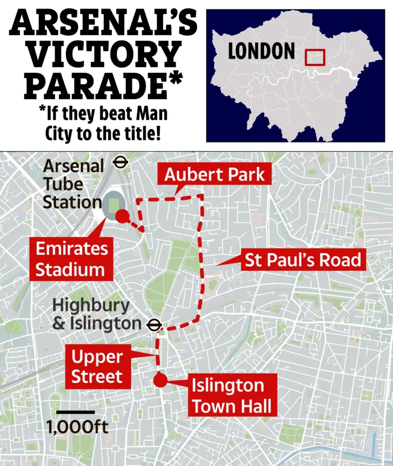 Các tuyến đường diễu hành của Arsenal theo dự kiến (Ảnh: The Sun).